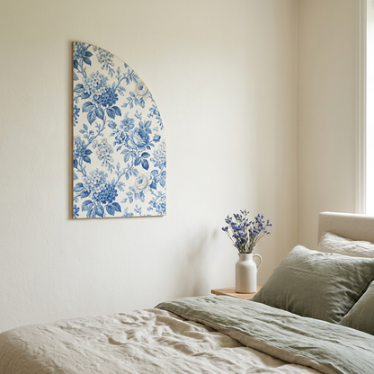 Half-arch panel with blue-and-white floral decoupage