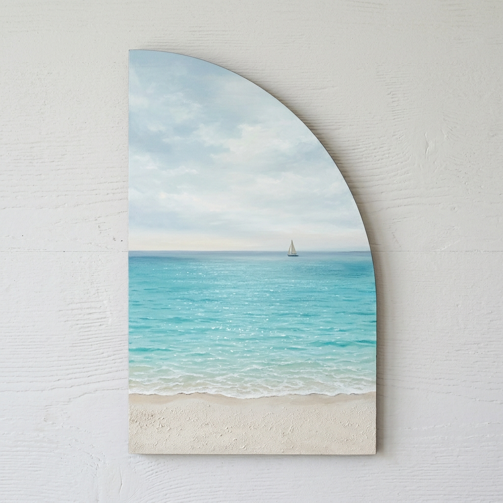 Half-arch panel with coastal ocean painting