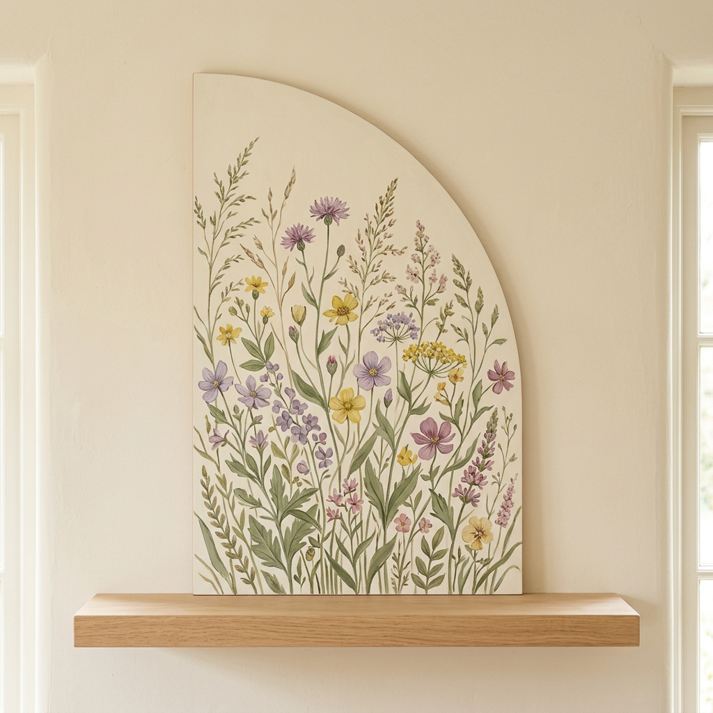 Half-arch panel with farmhouse botanical painting
