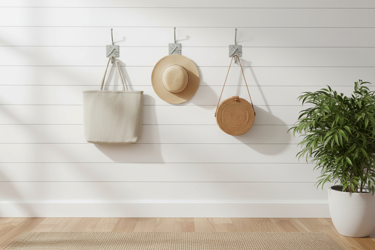 Hallway - Linen Tote, Straw Hat & Rattan Bag