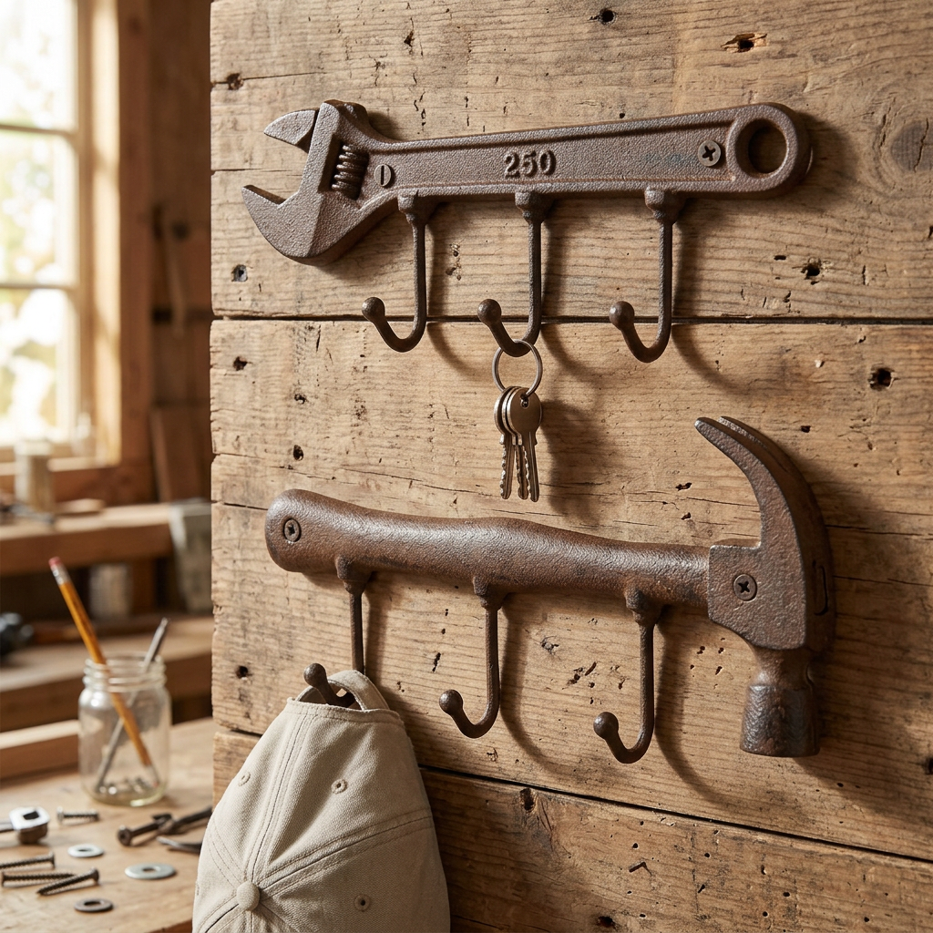 Hammer and spanner hook racks on a workshop wall