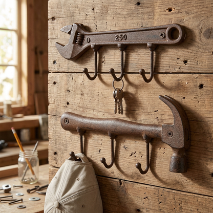 Hammer and spanner hook racks on a workshop wall
