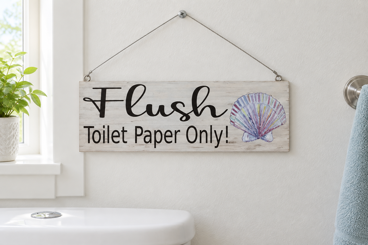 Hanging in bathroom, wire at top corners