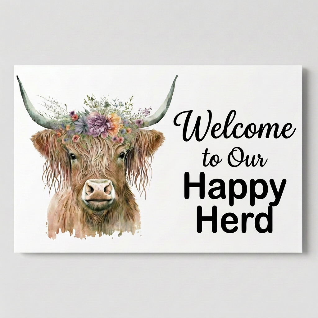 Happy Herd Highland cow sign on light grey