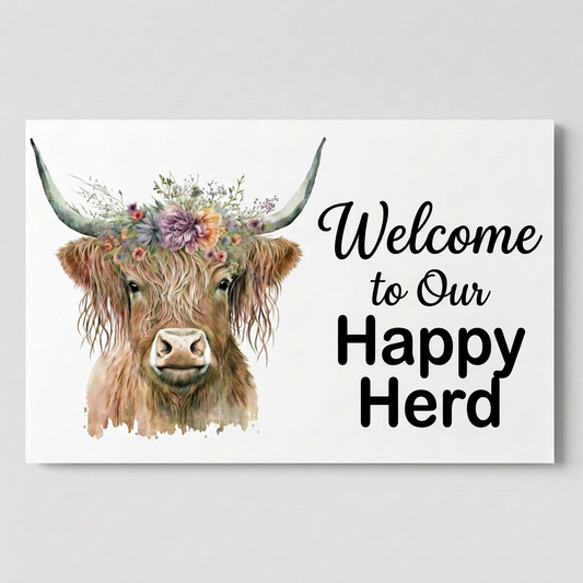Happy Herd Highland cow sign on light grey