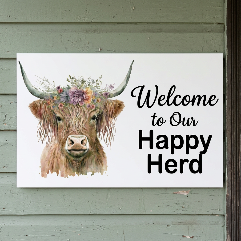 Happy Herd sign beside a sage cottage door