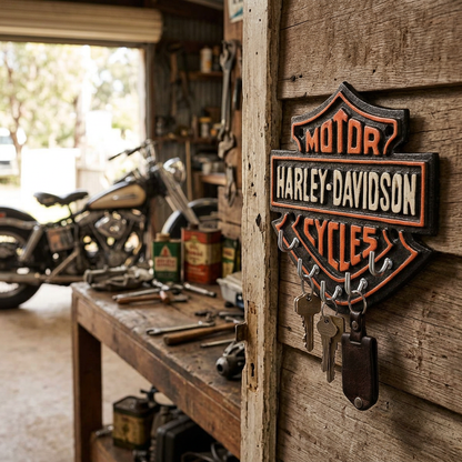 Harley-Davidson key rack in a vintage garage