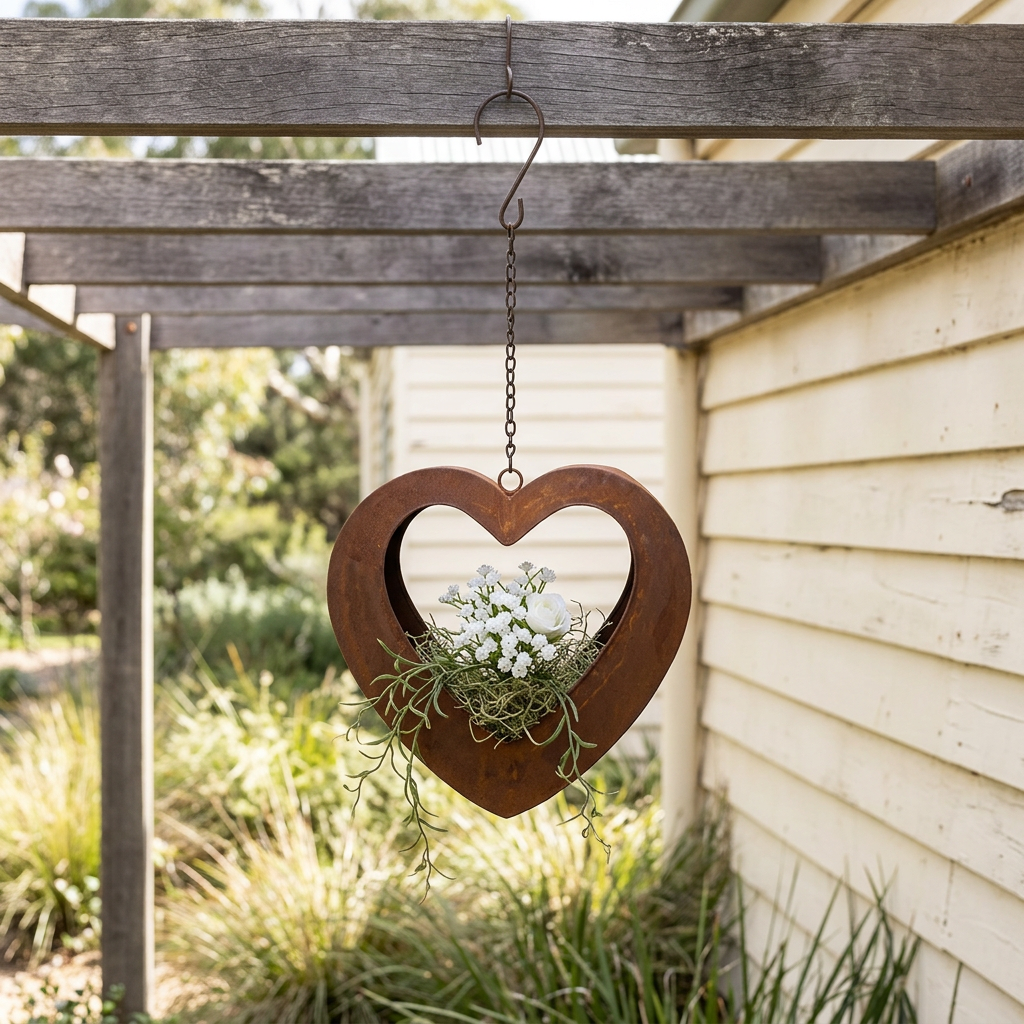 Heart planter in an Australian farmhouse courtyard