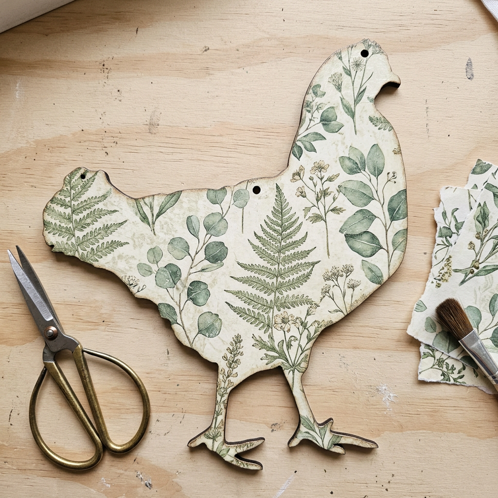 Hen with botanical decoupage