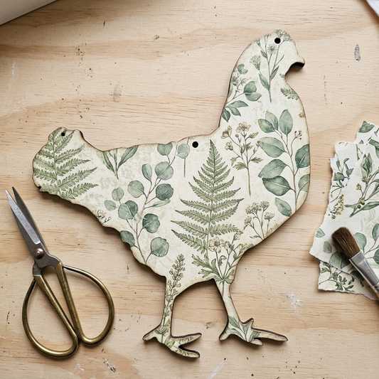 Hen with botanical decoupage