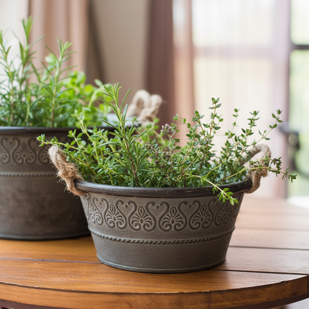 Herb lifestyle — Vintage Galvanised Round Herb Planter