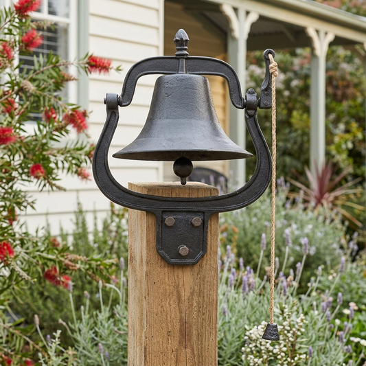Higher-mounted school dinner bell showing the full string and end pull
