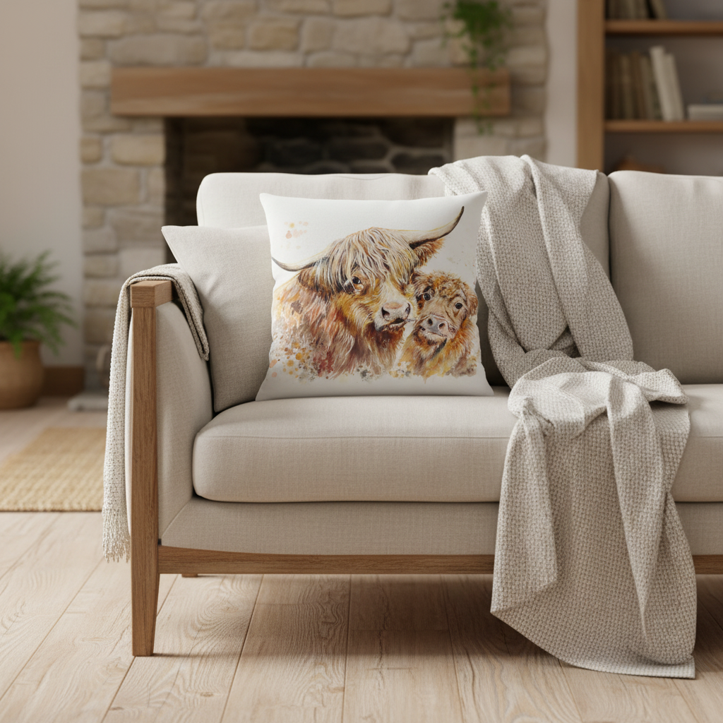Highland Cow Calf Cushion Lifestyle