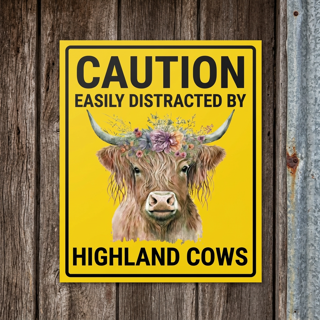 Highland cow caution sign beside a corrugated-iron shed