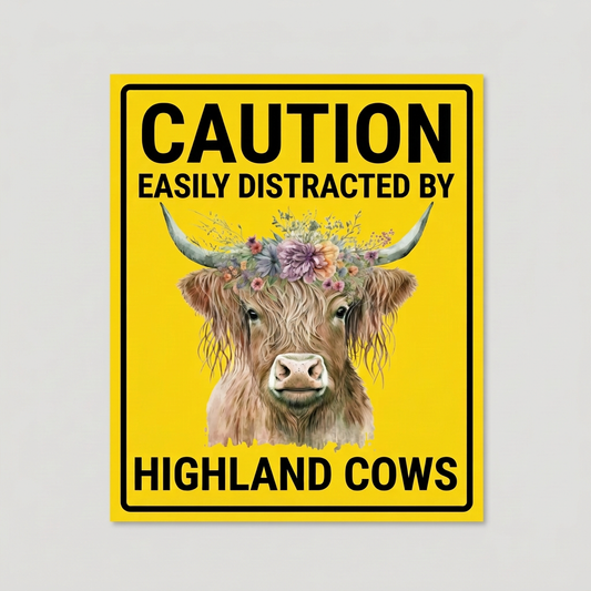 Highland cow caution sign in 28 × 17cm proportions