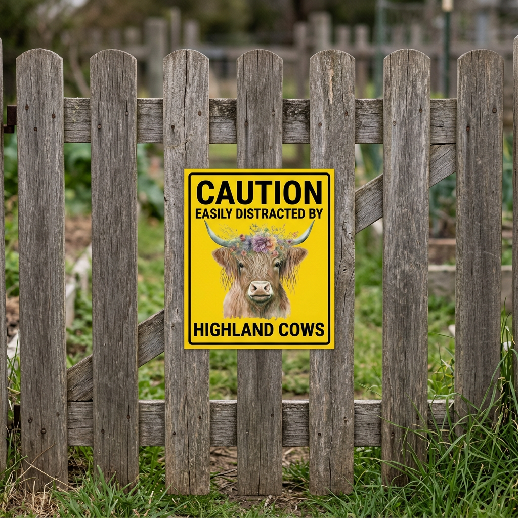 Highland cow caution sign on a country timber gate