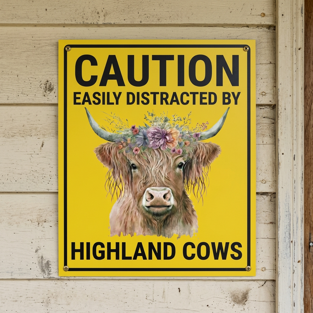 Highland cow caution sign on farmhouse weatherboards