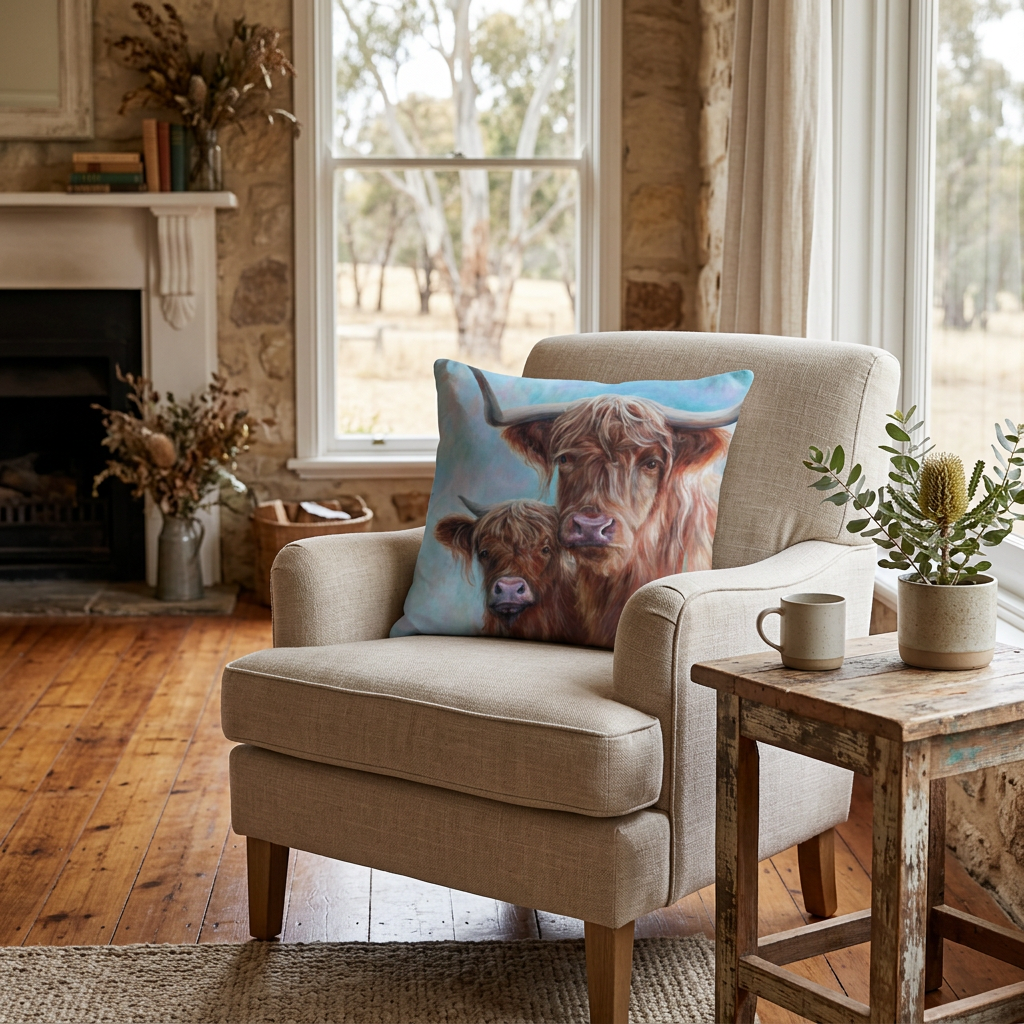 Highland cow cushion in a farmhouse living room