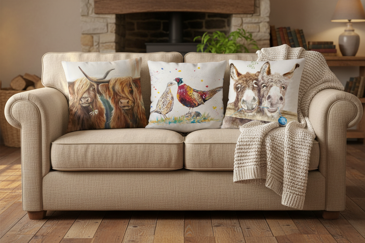 Highland Cow Pheasant Donkey Cushions Lifestyle