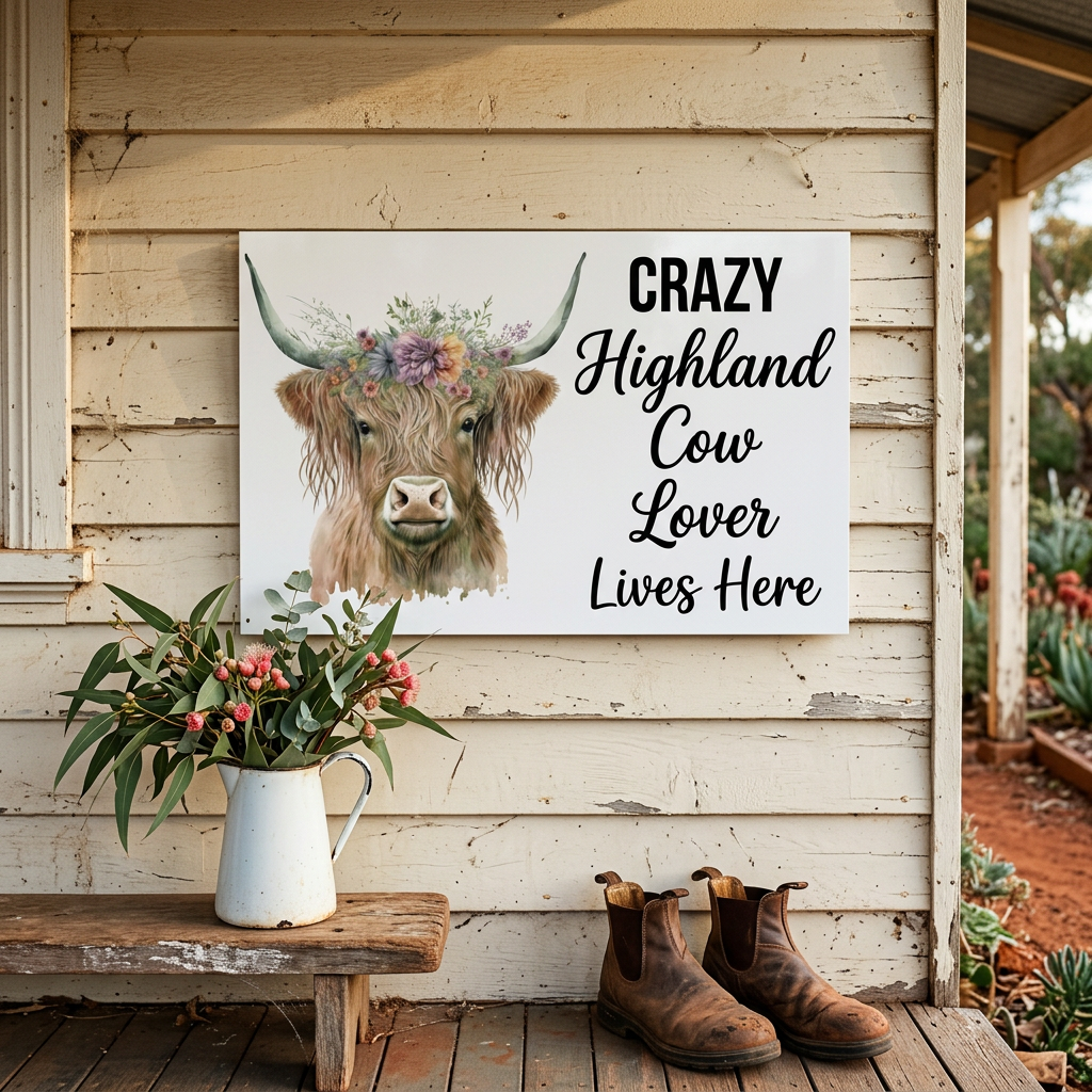 Highland cow sign on an Australian farmhouse verandah