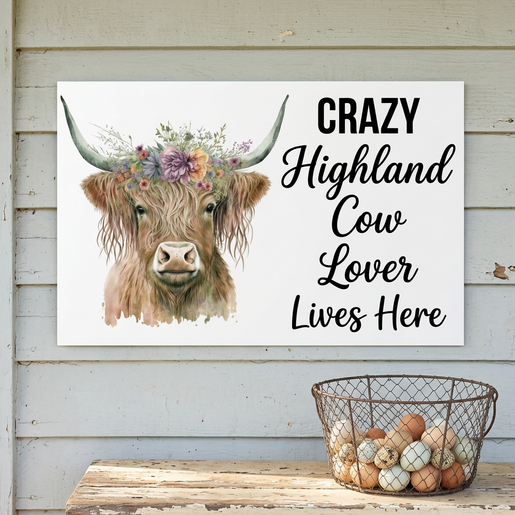 Highland cow sign on farmhouse weatherboards