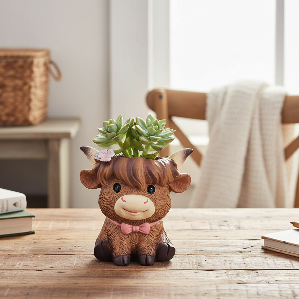 Highland Cow Sitting Planter — Desk Lifestyle