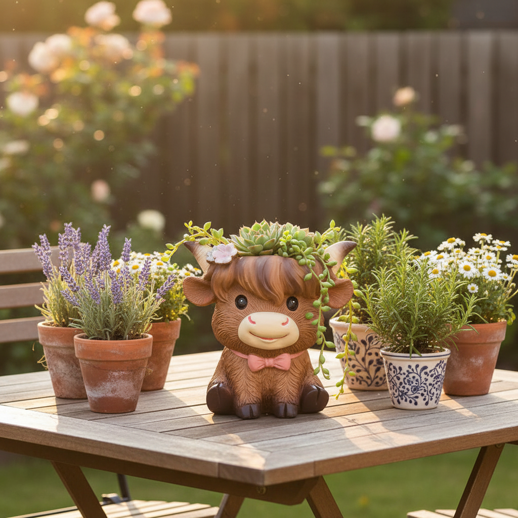 Highland Cow Sitting Planter — Garden Patio Lifestyle