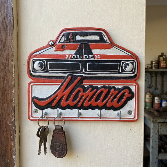 Holden Monaro key rack at a retro garage entrance