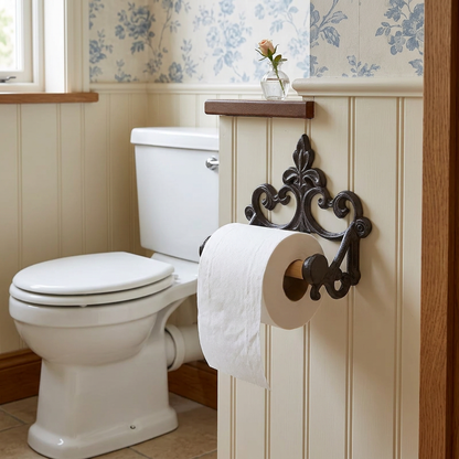 Holder in a cottage bathroom with blue floral wallpaper