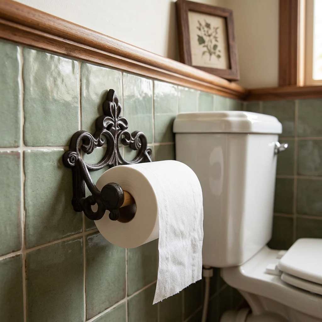 Holder in a sage-tiled farmhouse powder room