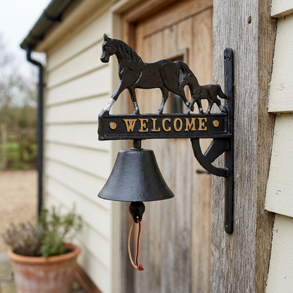 Horse and foal welcome doorbell beside a cottage entrance
