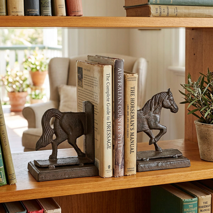Horse bookends on a farmhouse bookshelf