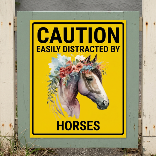 Horse caution sign on a sage cottage garden gate