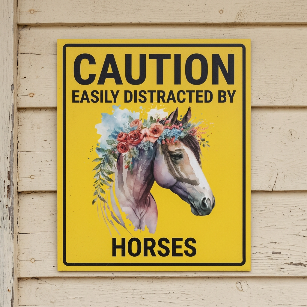Horse caution sign on a simple tack-room wall