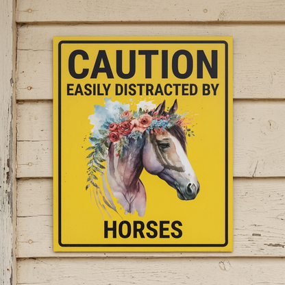 Horse caution sign on a simple tack-room wall
