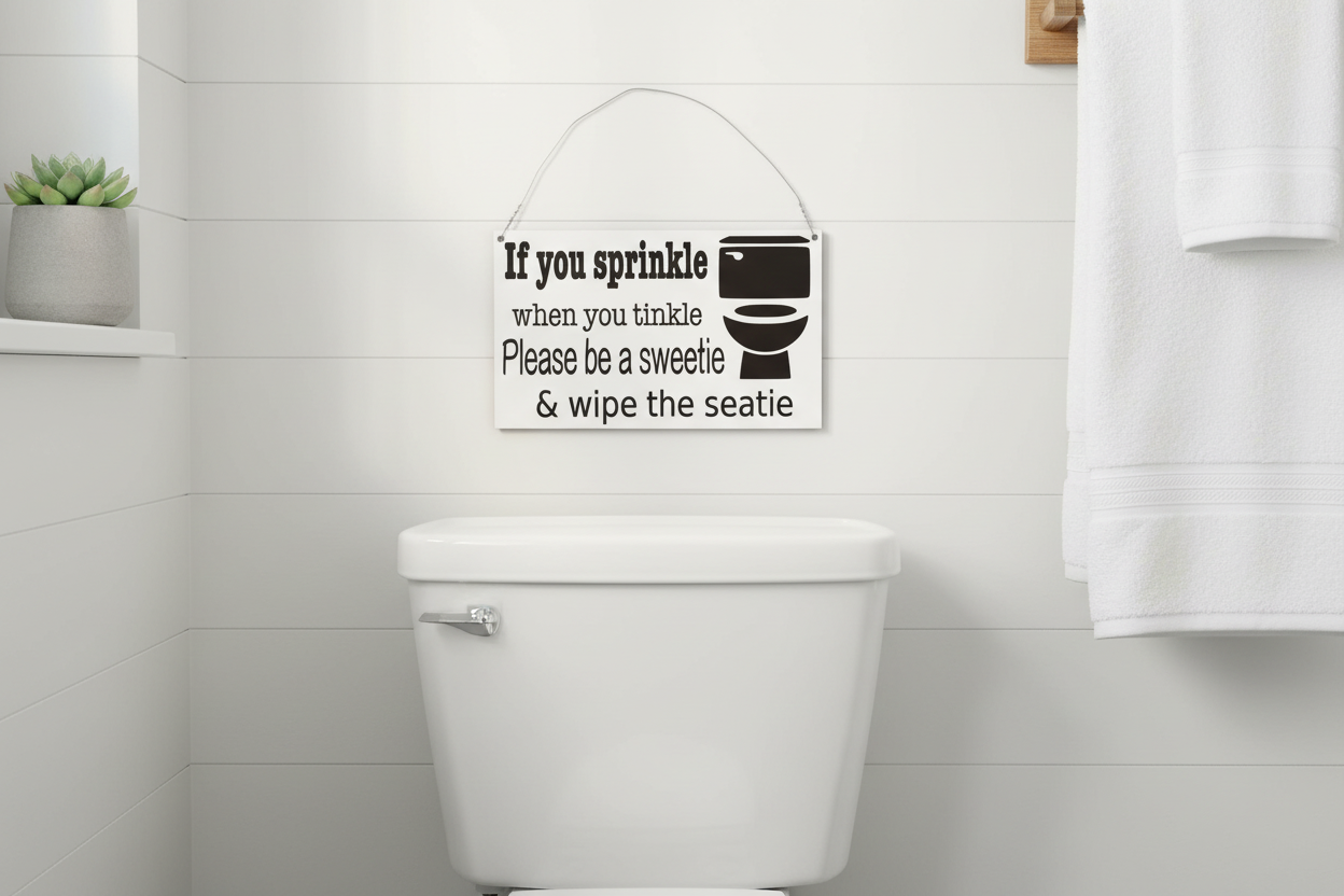 If You Sprinkle Sign — Lifestyle Bathroom Close-Up