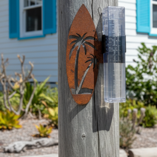 Rain Gauge Surfboard Palm Tree Beach House - Stake or Wall Mount - Aussie Made