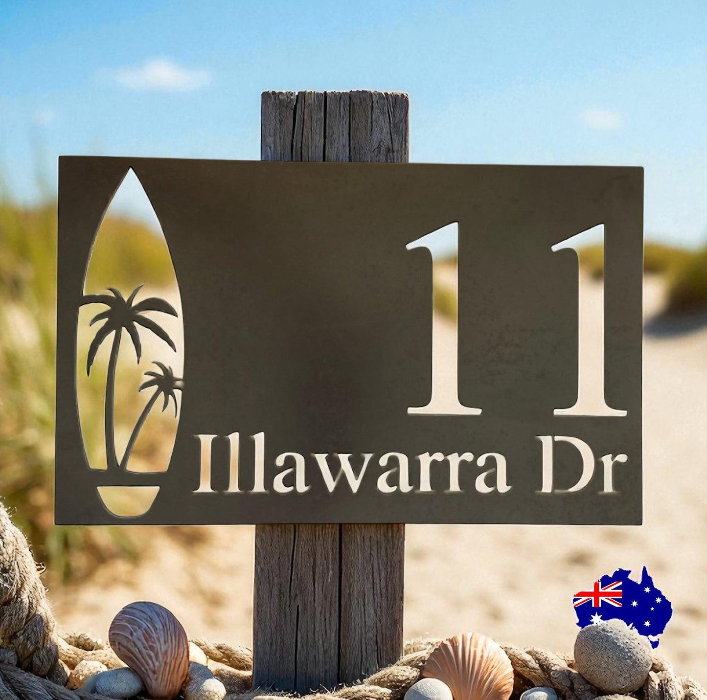 House Number Beach Surfboard Personalised Custom Cor10 Metal Steel Sign - Custom-Made House Number Sign - Corten Steel Rustic Finish