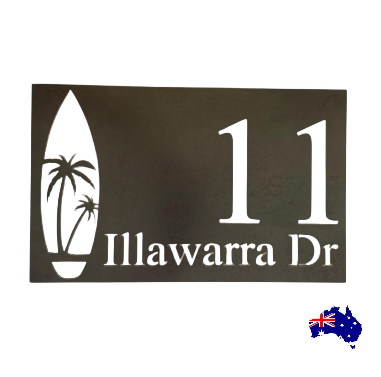 House Number Beach Surfboard Personalised Custom Cor10 Metal Steel Sign - Custom-Made House Number Sign - Corten Steel Rustic Finish