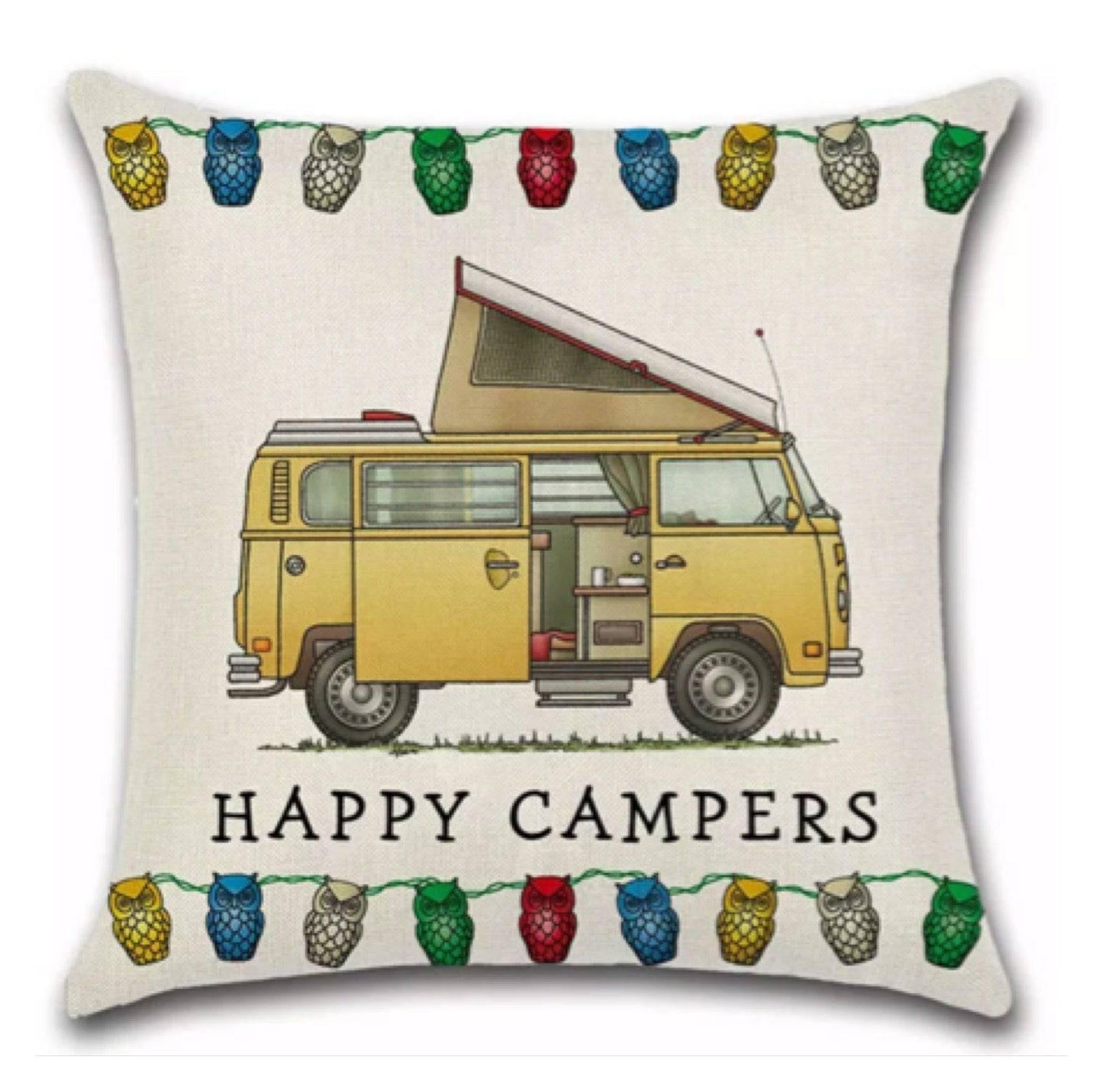 Cushion Cover Happy Campers Camper Van Vintage Yellow - The Renmy Store Homewares & Gifts 