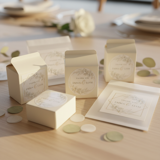Wedding Collection — personalised stickers sealing ivory favour boxes and lolly bags — wedding favour labels and bomboniere stickers