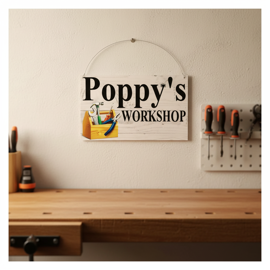 Hanging sign — Poppy's Workshop personalised acrylic sign above a timber workbench with tools — custom workshop shed decor