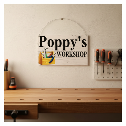 Hanging sign — Poppy's Workshop personalised acrylic sign above a timber workbench with tools — custom workshop shed decor