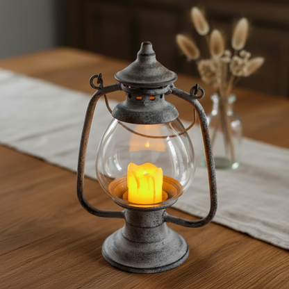 Rustic iron hurricane lantern glowing on a timber dining table with a linen runner and dried foliage — farmhouse table centrepiece