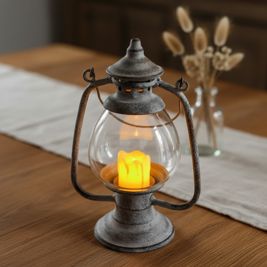 Rustic iron hurricane lantern glowing on a timber dining table with a linen runner and dried foliage — farmhouse table centrepiece