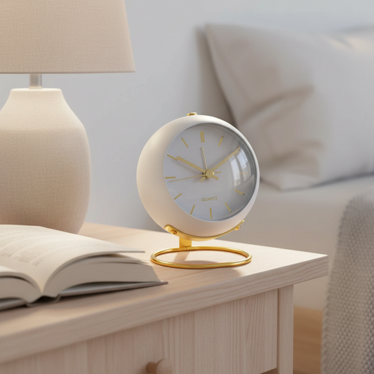 White — globe alarm clock on a timber bedside table beside a linen lamp and book — minimalist silent Scandi bedside clock