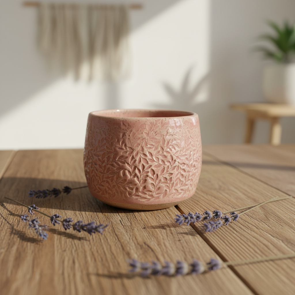 Handmade Floral Pink Leaf Ceramic Mug Cup — styled with lavender — Australian Made