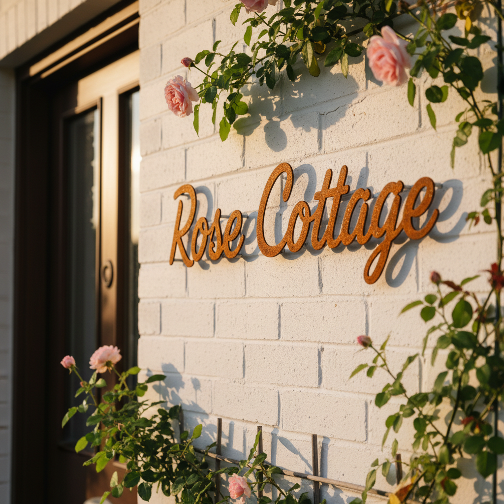 Rose Cottage rusty corten steel word sign mounted on white wall — Australian Made