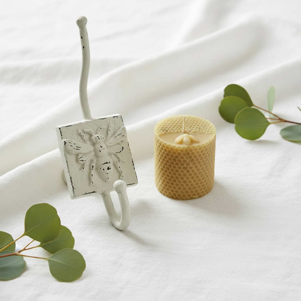 White bee hook and beeswax candle gift set on white linen with eucalyptus and honey dipper — French provincial bee gift Australia