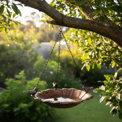 Copper shell hanging bird bath hanging from a leafy tree branch holding rainwater — backyard garden bird bath